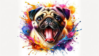 Vibrant pug portrait with colorful watercolor splashes, AI-generated.