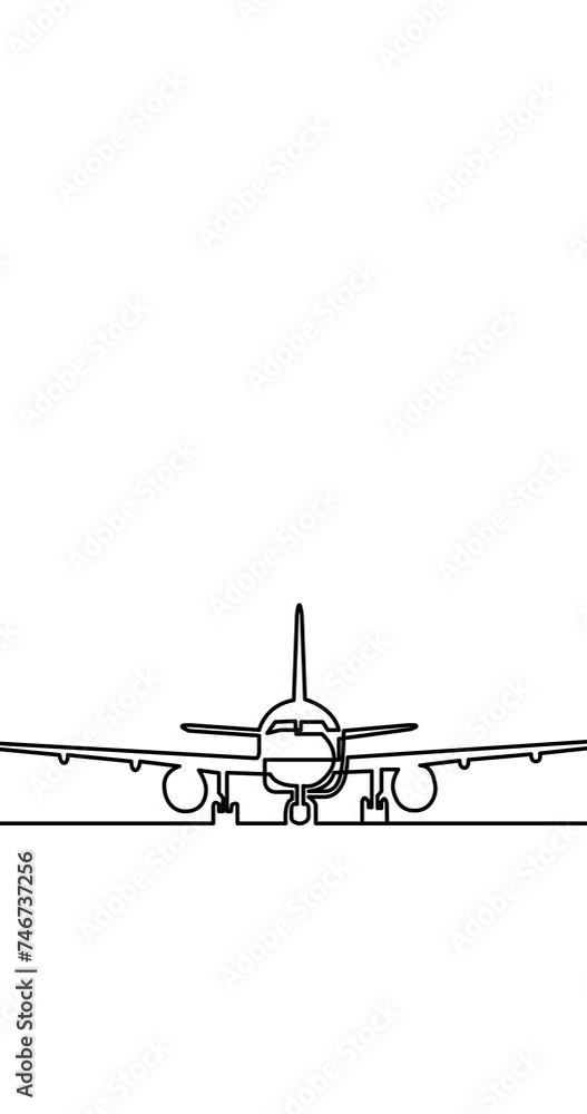 Wall mural animation of one line drawing of passenger airplane transportation travel vertical video white backg