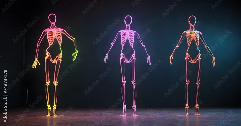 Poster a vibrant display of neon-lit figures in a dance formation, each casting a colorful glow against the
