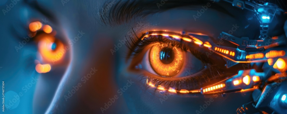 Poster close up the glowing eyes of a robot spectator at an esports event highlighting the integration of r