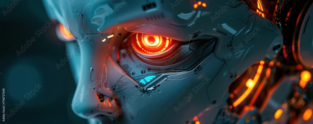 Poster close up the glowing eyes of a robot spectator at an esports event highlighting the integration of r