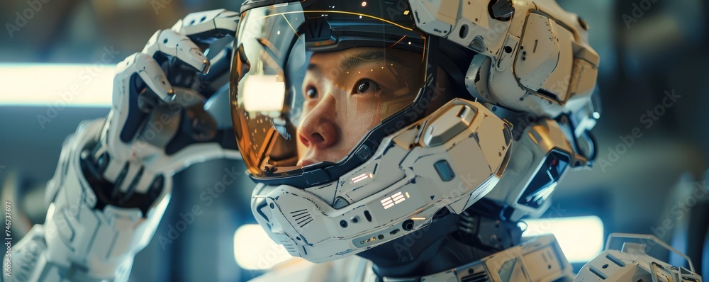 Poster close up the seamless interaction between a gamers vr headset and a robotic gaming setup pushing the