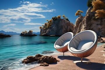 2 lounge chairs on a beach, in the style of exotic fantasy landscapes, 8k 3d, azure, photo-realistic landscapes, 32k uhd, horizons