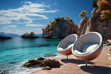 Papier Peint photo Gris 2 2 lounge chairs on a beach, in the style of exotic fantasy landscapes, 8k 3d, azure, photo-realistic landscapes, 32k uhd, horizons