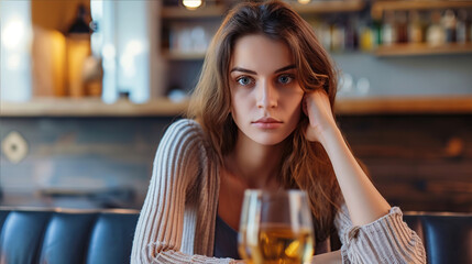 A beautiful young woman is sitting with a glass of alcohol in a bar