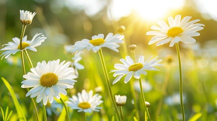 A field with blooming white daisies in the sunlight. Fresh spring or summer flowers. Nature background. Illustration for banner, postcard, greeting card, postcard, poster, cover or presentation.