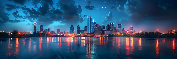 city at sunset Downtown Dallas Texas at Night with the Trinity,
A cityscape with a lit up cityscape at night.

 - obrazy, fototapety, plakaty