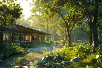 A peaceful outdoor scene where a symbolic veterinary clinic is nestled in a lush, green forest,...