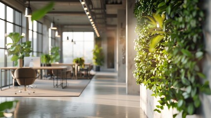 Eco-friendly office space filled with lush green plants, creating an inviting and natural atmosphere for creative work