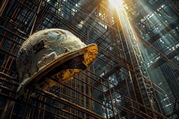 A powerful close-up of a worker helmet, dust-covered and worn, set against the intricate network of steel girders of an under-construction building. - obrazy, fototapety, plakaty