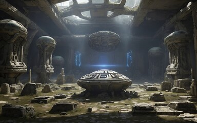 Ancient alien ruins wide angle environment view