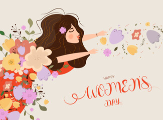 8 March.Intertanional Women's Day greeting card.Flowers,leaves,branches,girl.Spring season.Vector design.