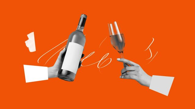 Stop motion, animation. Female hands clinking wine glass and bottle over orange background. Girlish party. Having fun, celebration. Concept of creativity, friendship, imagination. Poster, ad