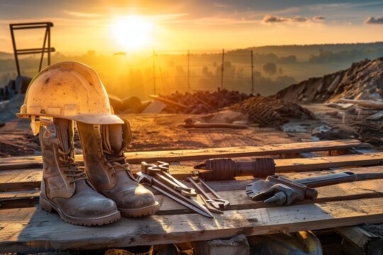 A powerful image of a pair of worn-out work boots, a hard hat, and a set of well-used tools laid out on a rustic wooden table.