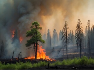 Fototapeta na wymiar Burning forest fire big trees and flames