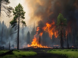 Burning forest fire big trees and flames