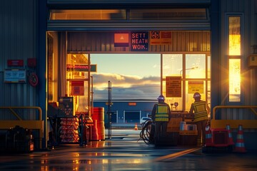 Naklejka premium A serene, early morning scene at a factory, with the focus on safety signs and equipment prominently displayed at the entrance.