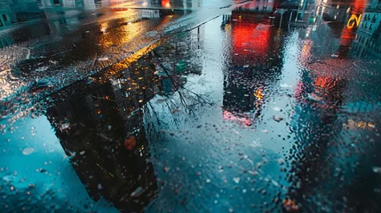 Foto op Aluminium  The abstract urban background captures the essence of New York City streets after rain, where lights and shadows dance across the wet asphalt. In this atmospheric scene © Marry