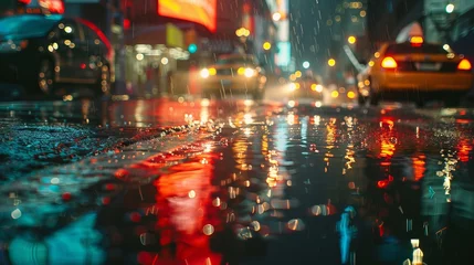 Fototapeten  The abstract urban background captures the essence of New York City streets after rain, where lights and shadows dance across the wet asphalt. In this atmospheric scene © Marry