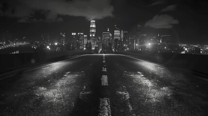 An asphalt road stretches ahead, illuminated by the glow of streetlights, leading into the sprawling cityscape ahead. In the darkness of the night, the road acts as a guiding path