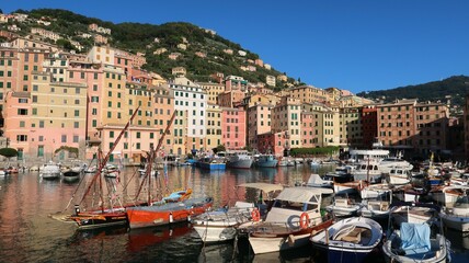 Vieux port (porticciolo) de la ville de Camogli en Ligurie, sur la Riviera italienne, au bord de la mer Méditerranée, avec des bateaux de plaisance au pied d’immeubles aux façades colorées (Italie)
