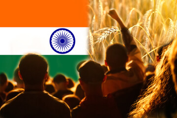 Farmers protest in India. Flag, wheat and people background