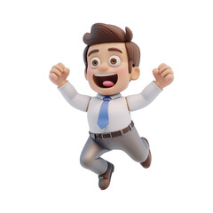 3D rendering cute cartoon character male businessman jumping happily on transparent background PNG