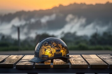 A solitary worker helmet, illuminated by the first light of dawn, rests on a rugged wooden table set against the backdrop of a serene, misty morning landscape - obrazy, fototapety, plakaty