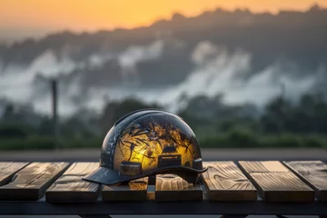 Zelfklevend Fotobehang A solitary worker helmet, illuminated by the first light of dawn, rests on a rugged wooden table set against the backdrop of a serene, misty morning landscape © Hammad