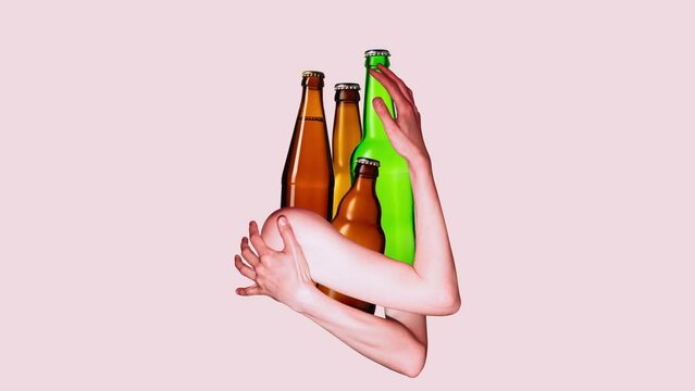 Stop motion, animation. Male hands hugging many beer bottles symbolizing drinking addiction. Health care. Problems. Concept of alcohol, lifestyle, abstract conceptual art. Poster, ad