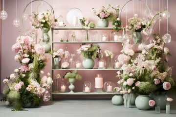 Pink festive interior with with lots of flowers, vases, cups and dishes, pastel-hued blossoms