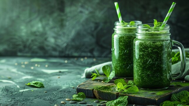 Glass jar mugs filled with vibrant green health smoothies are showcased against a clean backdrop, emphasizing their freshness and vitality. This image promotes a vegan and vegetarian concept