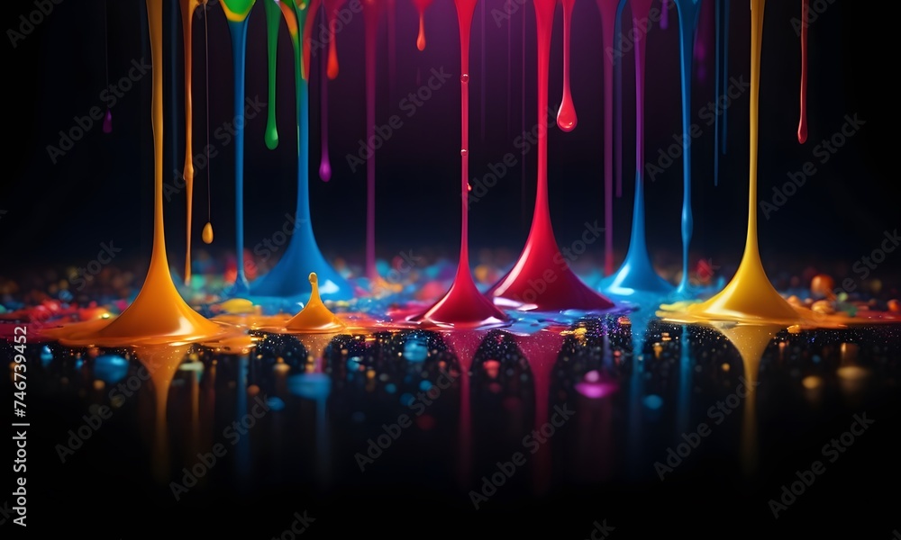 Poster an energetic symphony of colorful paint splashes rises dynamically against a dark backdrop, creating