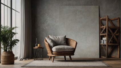 Canvas mockup in minimalist interior background with armchair and rustic decor ,Front view - obrazy, fototapety, plakaty