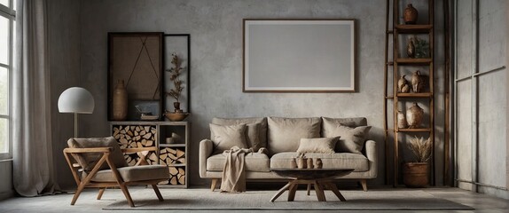 Canvas mockup in minimalist interior background with armchair and rustic decor ,Front view