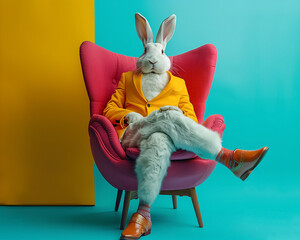Modern easter rabbit sitting in a chair as a human. Abstract colorful creative idea with animal. - obrazy, fototapety, plakaty