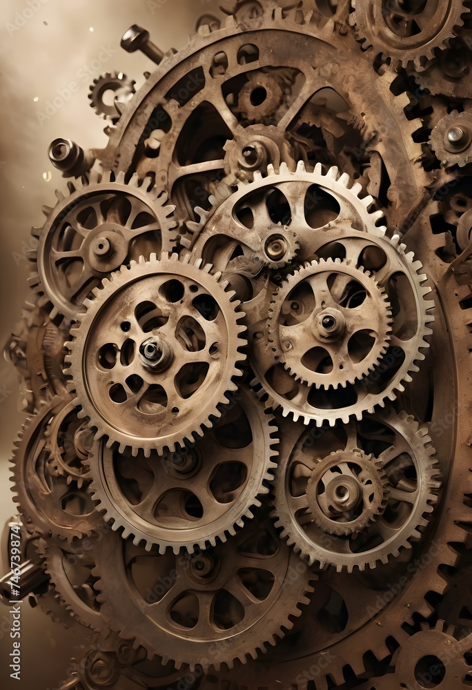 Poster monochrome gears mesh together in a symbolic representation of industry, precision engineering, and 