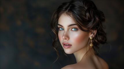 close up of beautiful woman face with gold earring, side view, flowers background