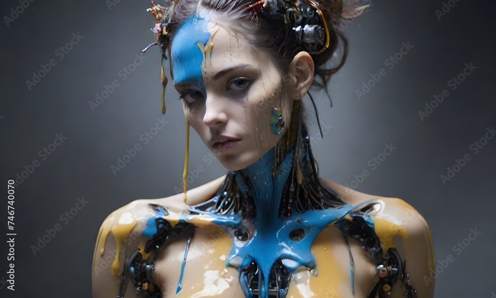 Poster a surreal android portrait features colorful horns and dripping paint, presenting a striking blend o