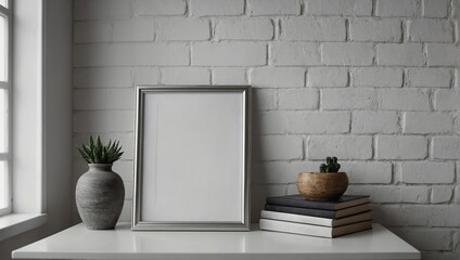 empty frame mockup on a table leaning on the white wall 