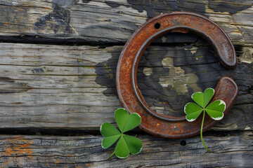 A rusty horseshoe and a fresh green four leaf clover on a weathered wooden surface, symbolizing good luck. St. Patrick's Day concept