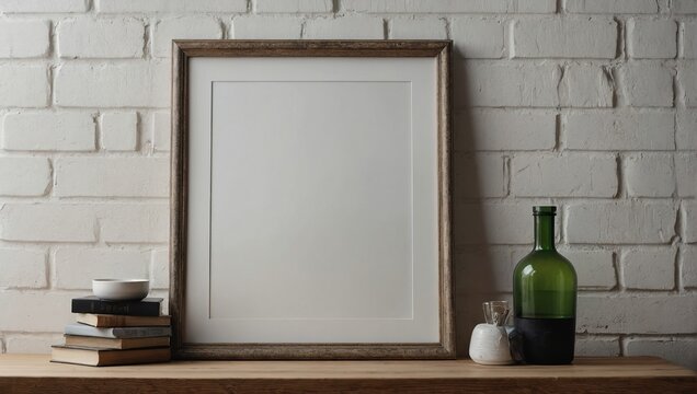 empty frame mockup on a table leaning on the white wall 
