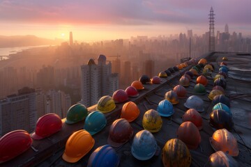 An array of worker helmets, each from a different profession, lined up along the edge of an urban...