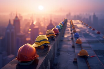 An array of worker helmets, each from a different profession, lined up along the edge of an urban...