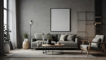 empty mock up frame in modern interior background, living room, Scandinavian style 