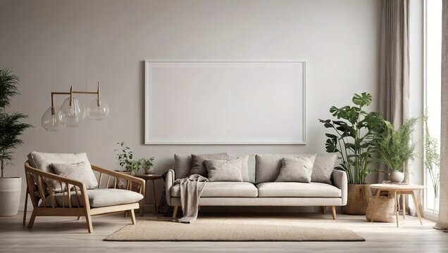 empty mock up poster frame in modern interior background, living room, Scandinavian style