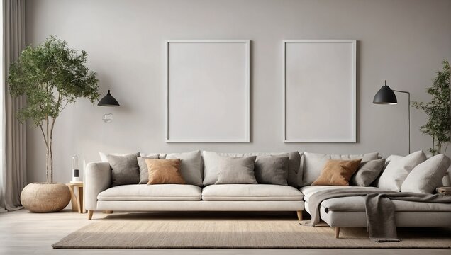  empty mock up poster frame in modern interior background, living room, Scandinavian style