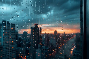 City sunset through rainy glass
