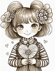 An illustration of a little girl holding a heart-shaped bouquet.