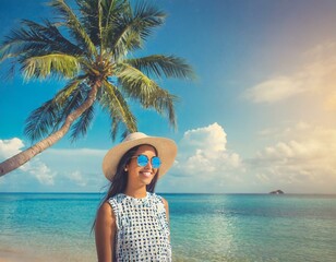 A woman walking on the beach wearing a beach cover-up, hat, and glasses. Posing in front of a coconut tree on the beach